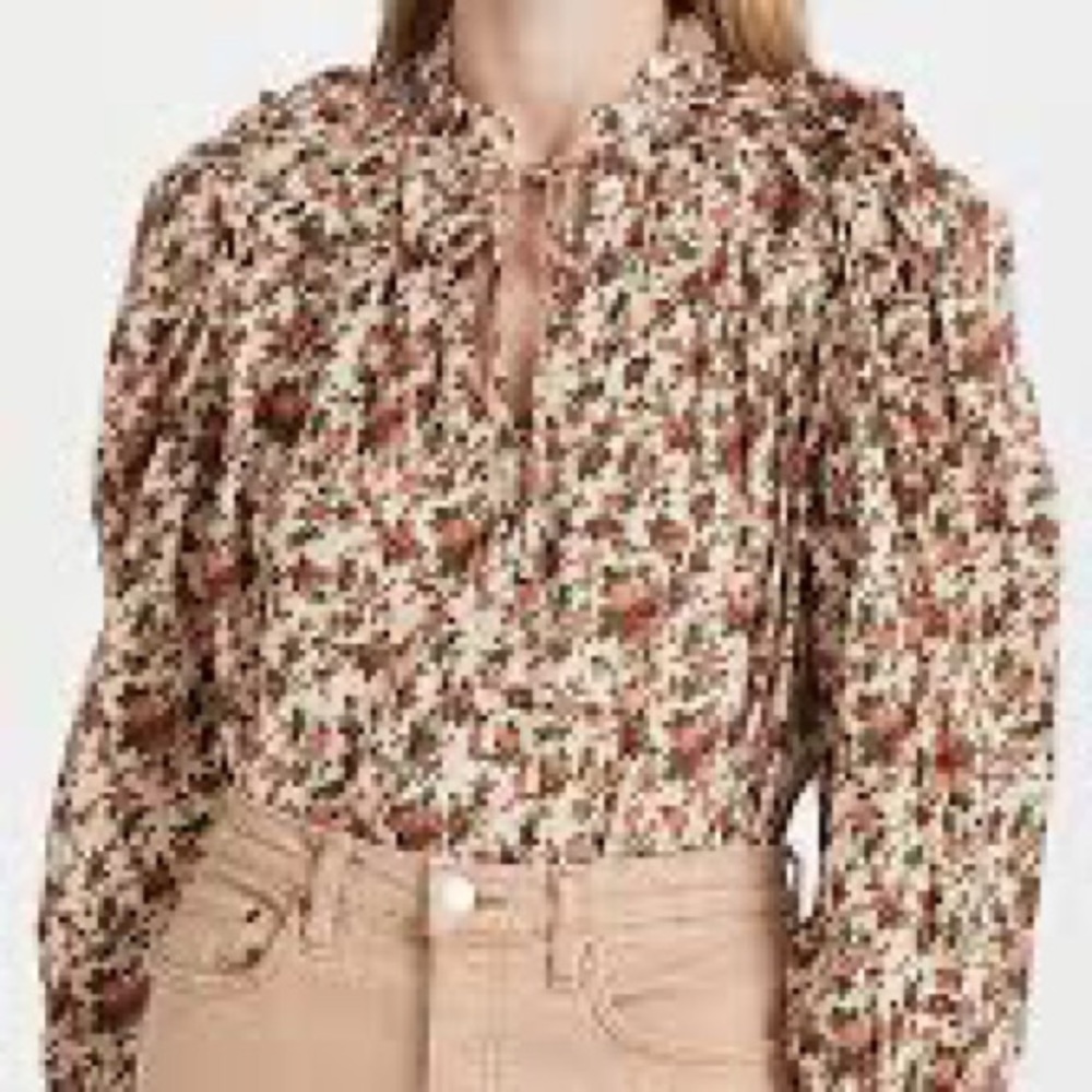 Free People NWOT Long Sleeve Tan & Orange Floral Top, Size L. 100% Cotton.